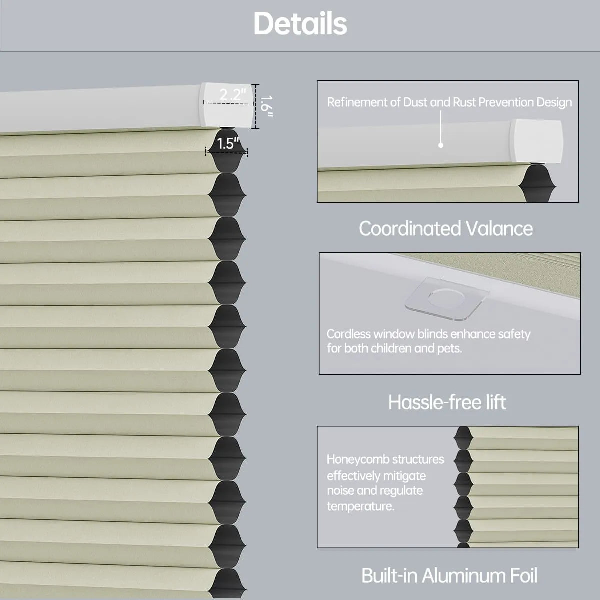 Close-up of pleated window blinds with labeled features: dust and rust prevention, cordless operation, honeycomb noise reduction, built-in aluminum foil, and coordinated valance. Measurements are shown for blind thickness and slat width.