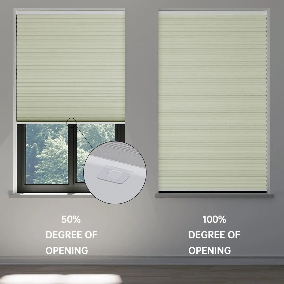 Two windows with beige blinds: the left blind is halfway open showing trees outside (labeled 50% degree of opening), while the right blind is fully closed (labeled 100% degree of opening). Inset shows a close-up of a blind control.