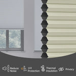 Close-up of beige honeycomb window blinds partially open, showing their cellular structure. Behind, a window reveals a blurred view of trees. Icons below highlight noise reduction, UV protection, thermal insulation, and privacy features.