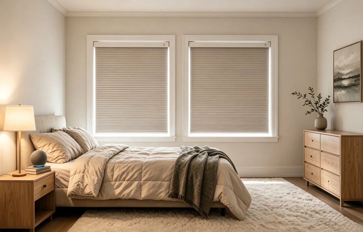 Motorized blackout cellular shades covering two bedroom windows for light control and privacy
