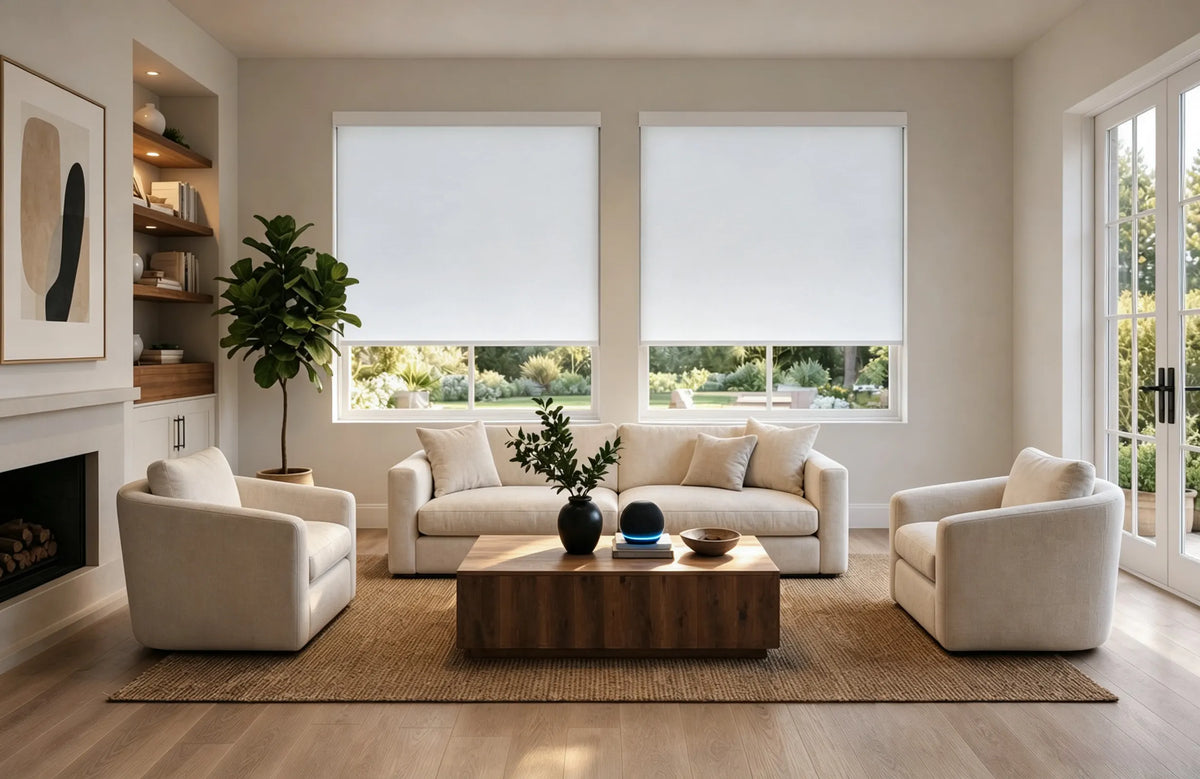 Motorized blackout roller shades with smooth refined fabric partially lowered over two living room windows