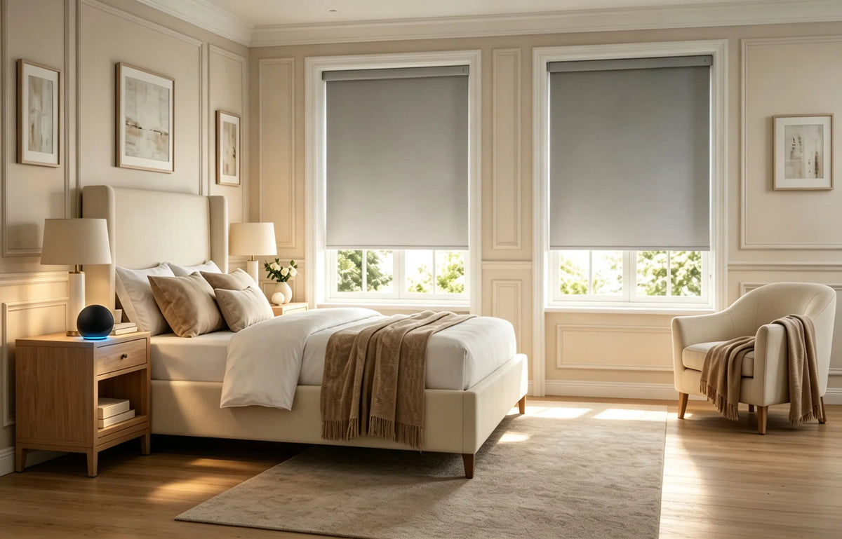 Motorized blackout roller shades with soft fabric partially lowered over two bedroom windows