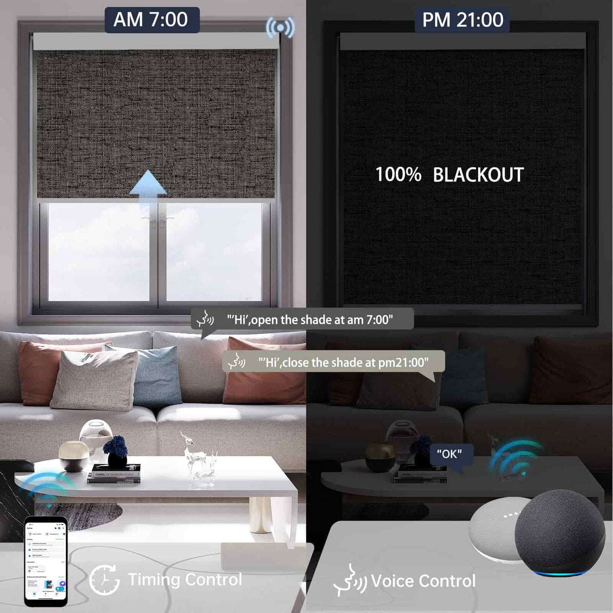 Dark grey textured blackout roller shade, hands-free voice commands and timer scheduling bring daily comfort and automation.