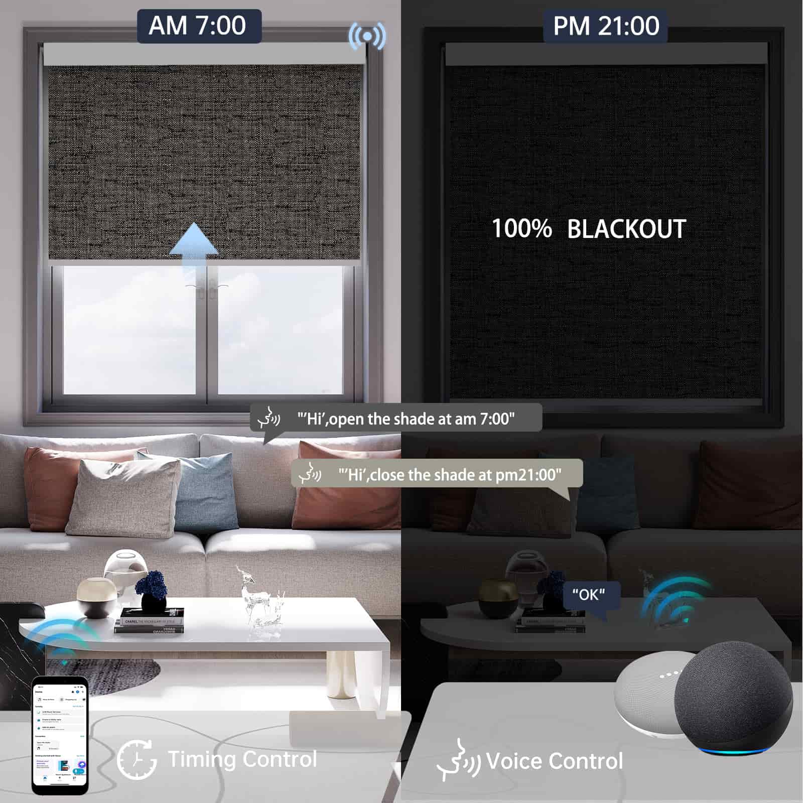 Dark grey textured blackout roller shade, hands-free voice commands and timer scheduling bring daily comfort and automation.