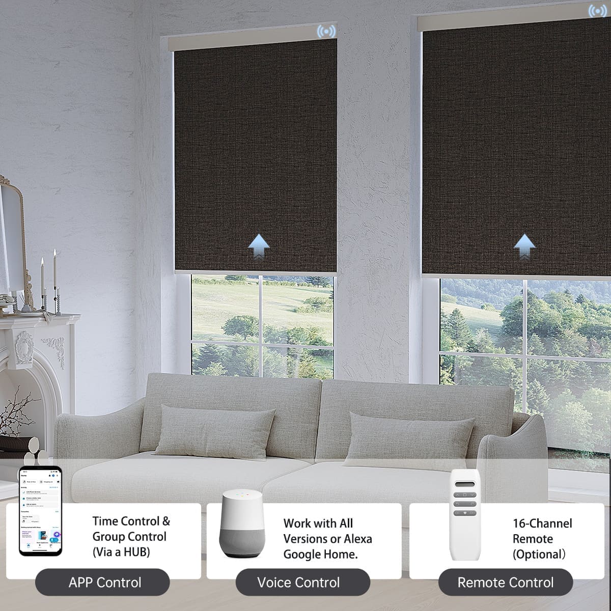 Dark grey textured blackout roller shade, smartly controlled by app, voice, or hub remote, supporting up to 16 grouped shades.