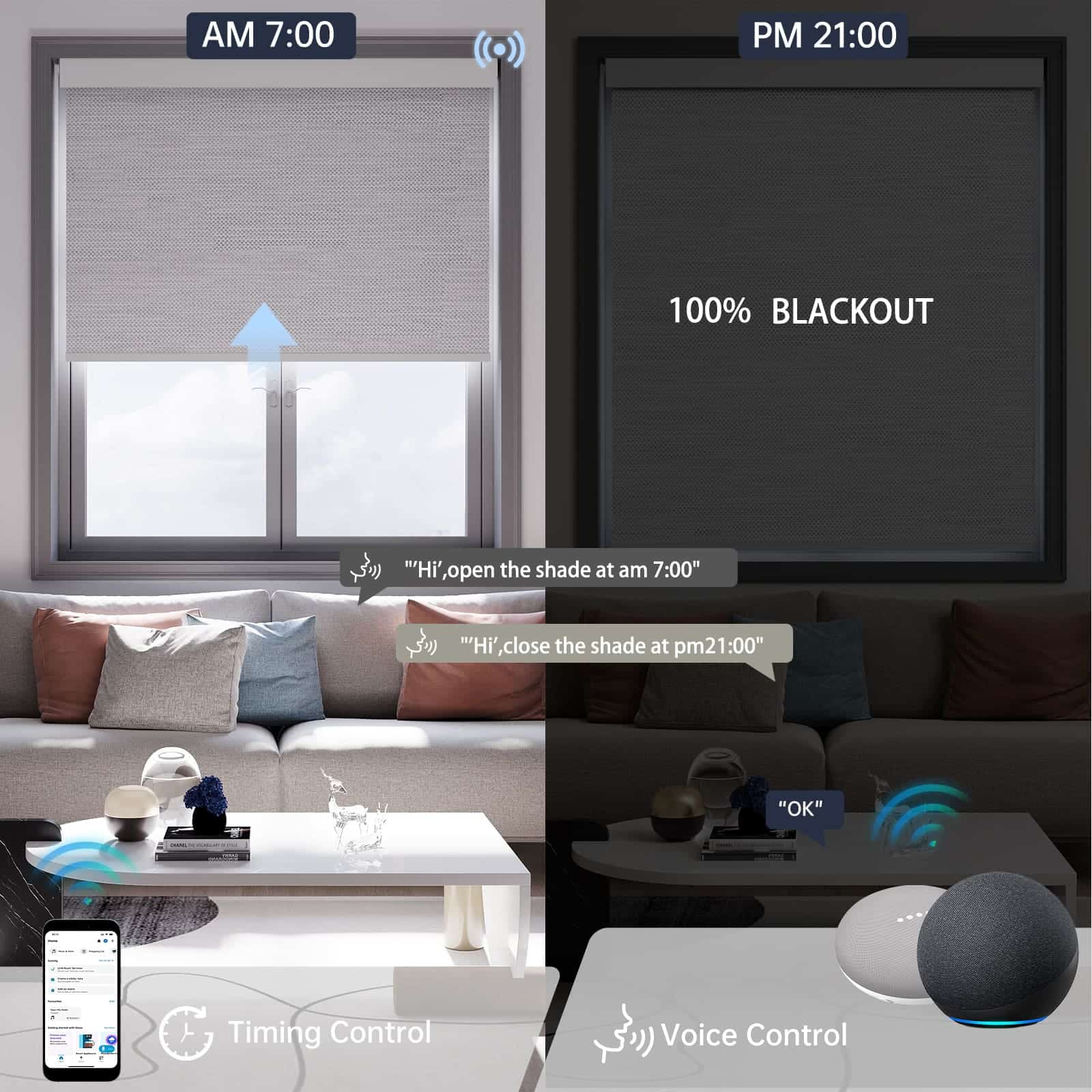 Foggy grey textured blackout roller shade, hands-free voice commands and scheduled timer enable effortless daily light control.