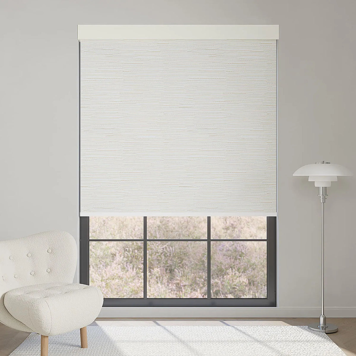 Jacquard beige motorized blackout roller shade with rich textured pattern, blocking sunlight while enhancing warm, elegant interiors.