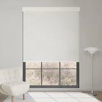 Jacquard beige motorized blackout roller shade with rich textured pattern, blocking sunlight while enhancing warm, elegant interiors.