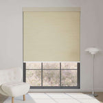 Jacquard coffee motorized blackout roller shade with rich textured pattern, blocking sunlight while adding warm, sophisticated ambiance.