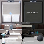 Jacquard white motorized blackout roller shade supports voice commands and scheduled timer for effortless daily automation.