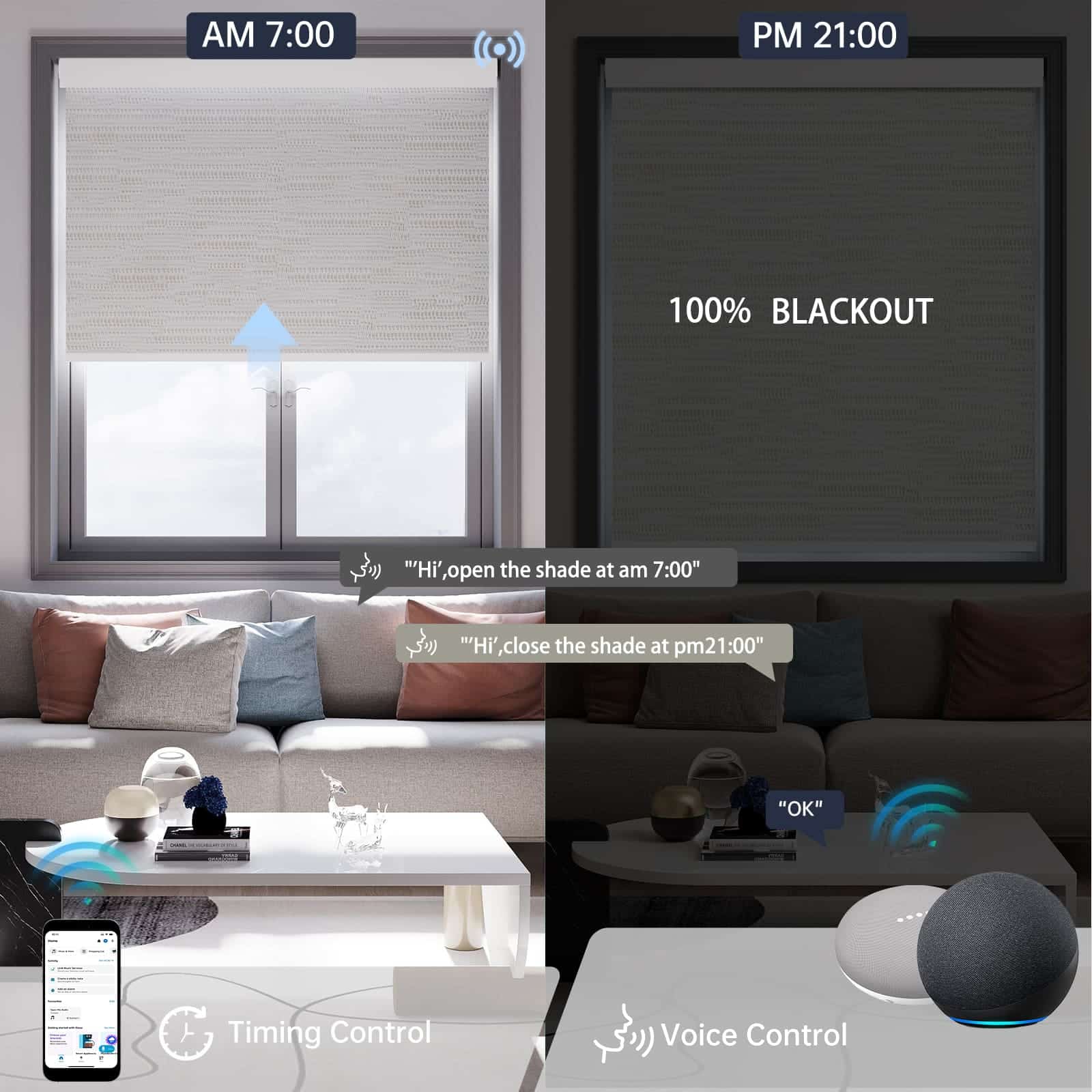 Jacquard white motorized blackout roller shade supports voice commands and scheduled timer for effortless daily automation.