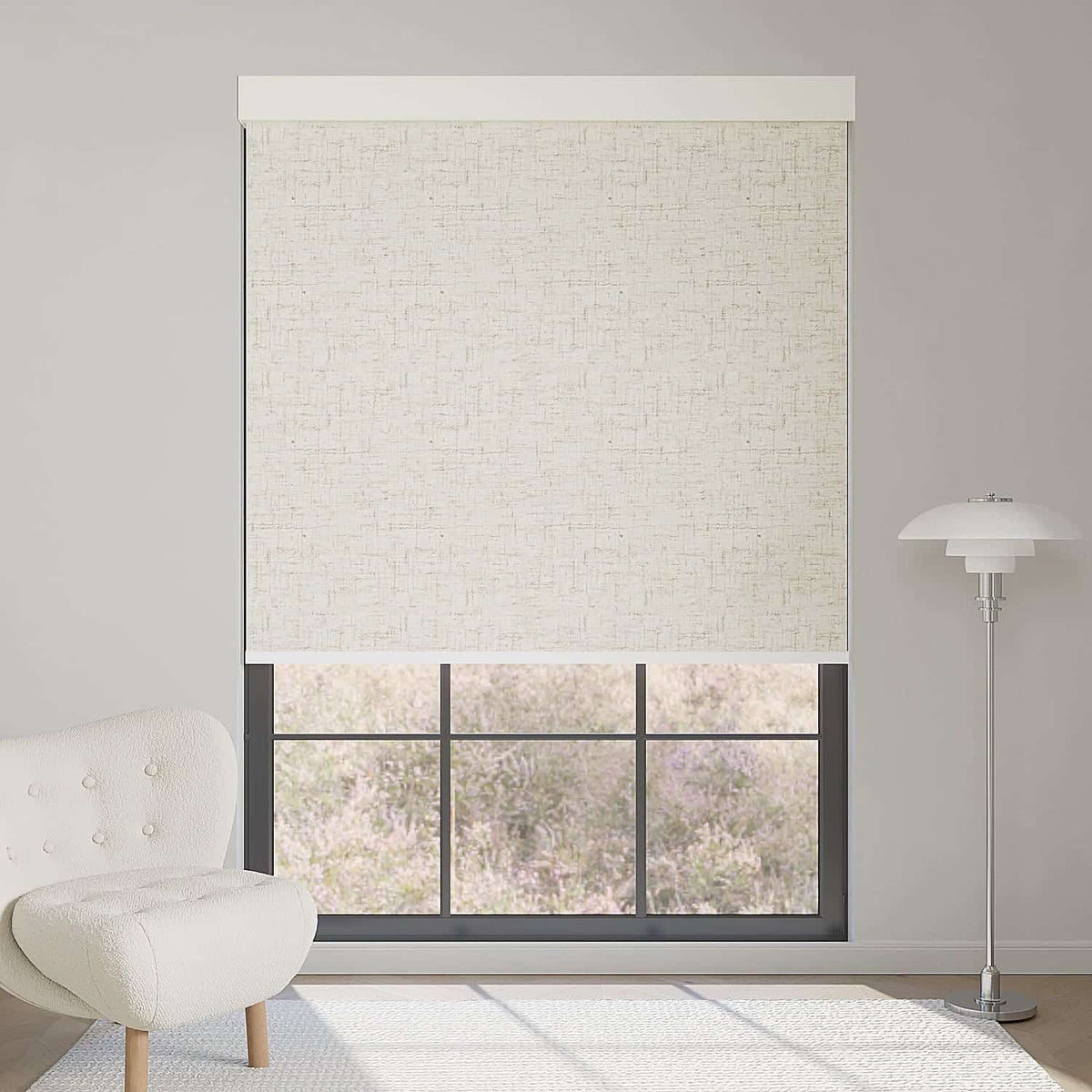 Line beige motorized blackout roller shade with subtle linear texture, blocks sunlight while adding warm, contemporary elegance.