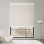 Line beige motorized blackout roller shade with subtle linear texture, blocks sunlight while adding warm, contemporary elegance.