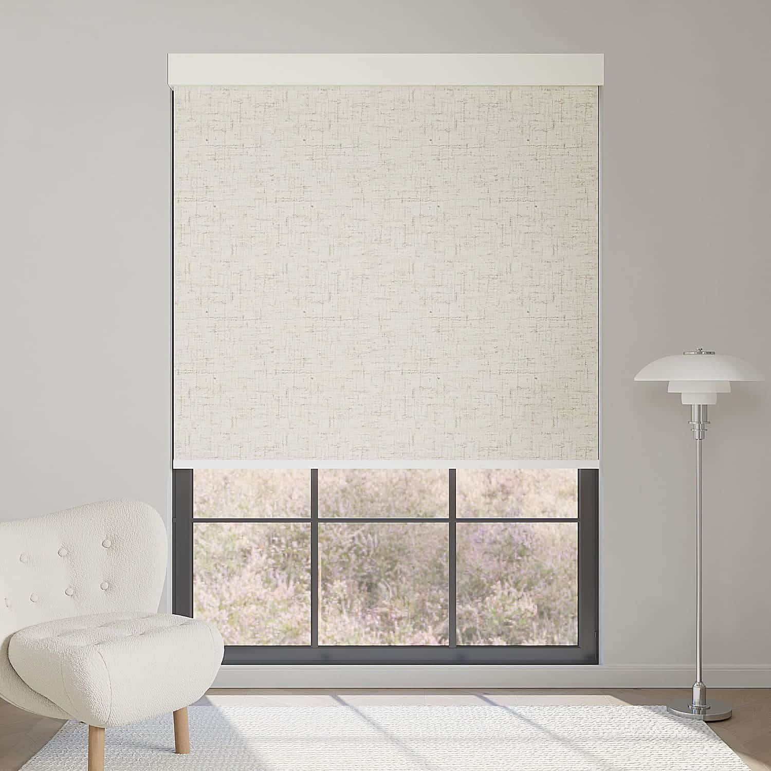 Line beige motorized blackout roller shade with subtle linear texture, blocks sunlight while adding warm, contemporary elegance.