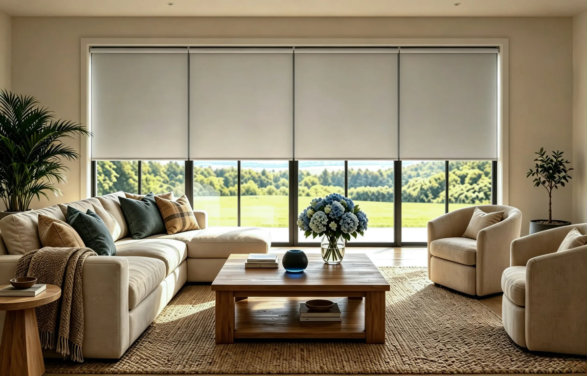 Motorized coupled roller shades with smooth light-filtering fabric partially lowered across a large living room window
