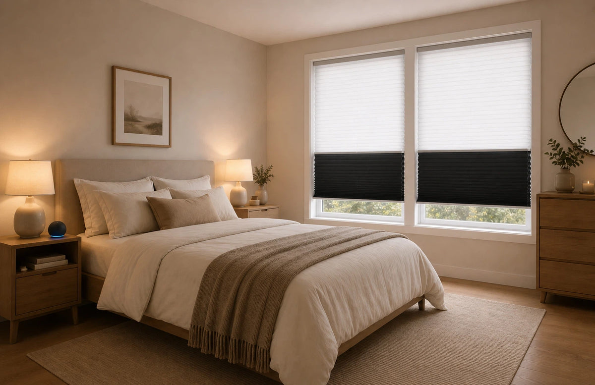 Motorized day and night cellular shades with light-filtering and blackout fabrics on two bedroom windows