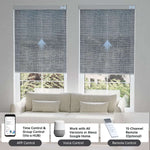 Fabric smoky gray textured light filtering shade with app, voice, or hub remote, easily managing up to 16 grouped shades.