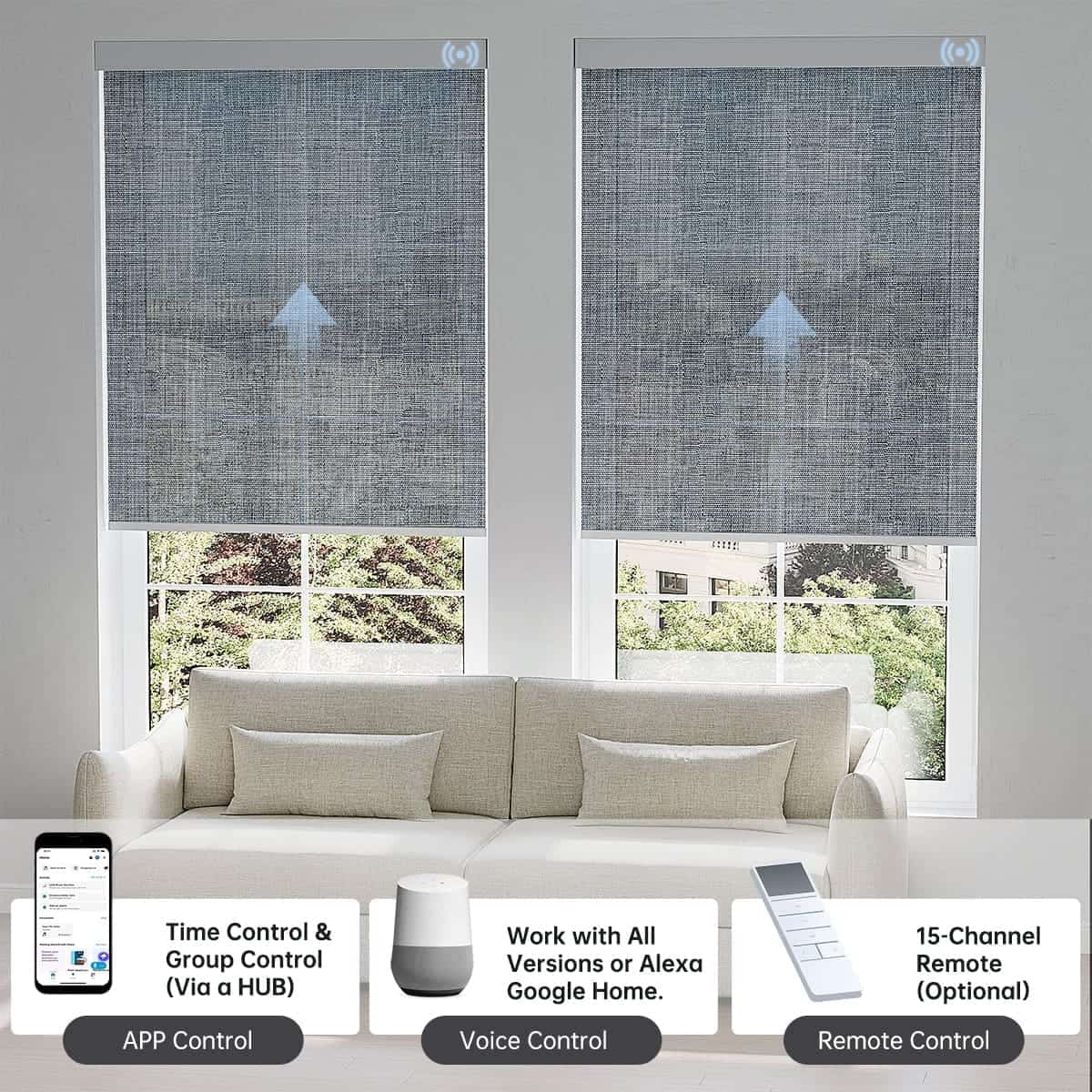 Fabric smoky gray textured light filtering shade with app, voice, or hub remote, easily managing up to 16 grouped shades.