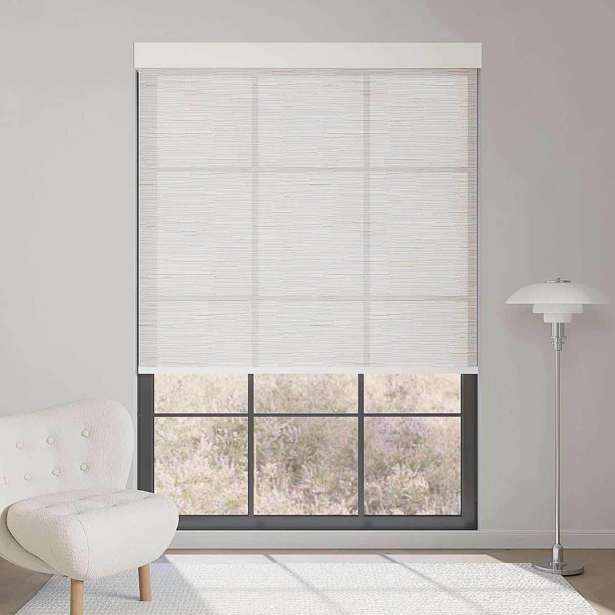 Jacquard beige light filtering roller shade softens sunlight while adding warm, elegant textured charm to interiors.