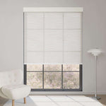 Jacquard beige light filtering roller shade softens sunlight while adding warm, elegant textured charm to interiors.