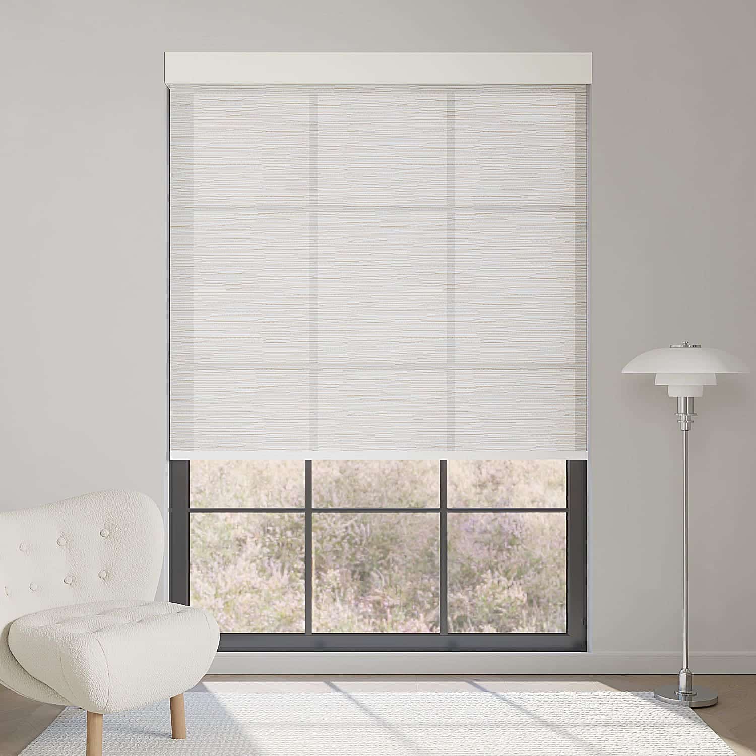 Jacquard beige light filtering roller shade softens sunlight while adding warm, elegant textured charm to interiors.