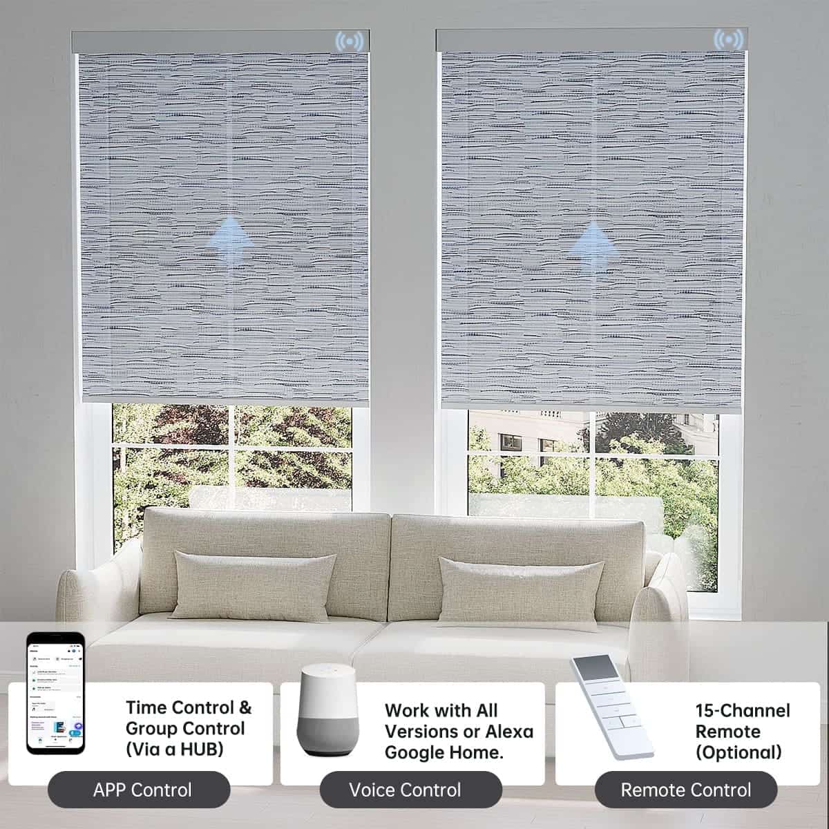 Jacquard grey light filtering roller shade softens sunlight while bringing refined, modern textured elegance to rooms.