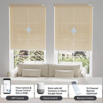 Light coffee textured light filtering shade with app, voice, or hub remote, managing up to 16 grouped shades effortlessly.