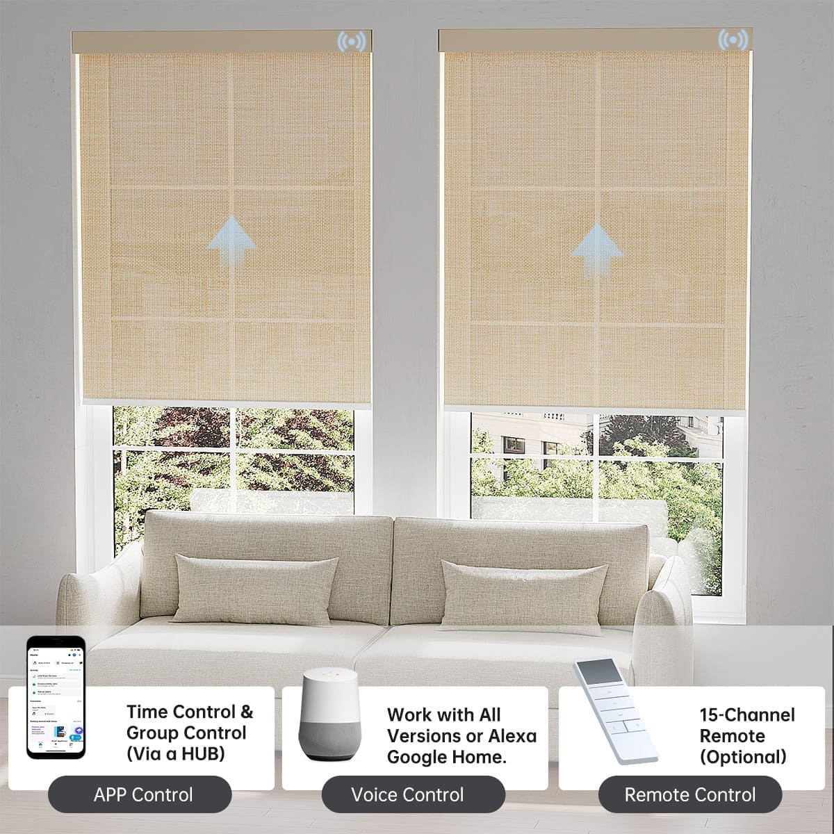 Light coffee textured light filtering shade with app, voice, or hub remote, managing up to 16 grouped shades effortlessly.