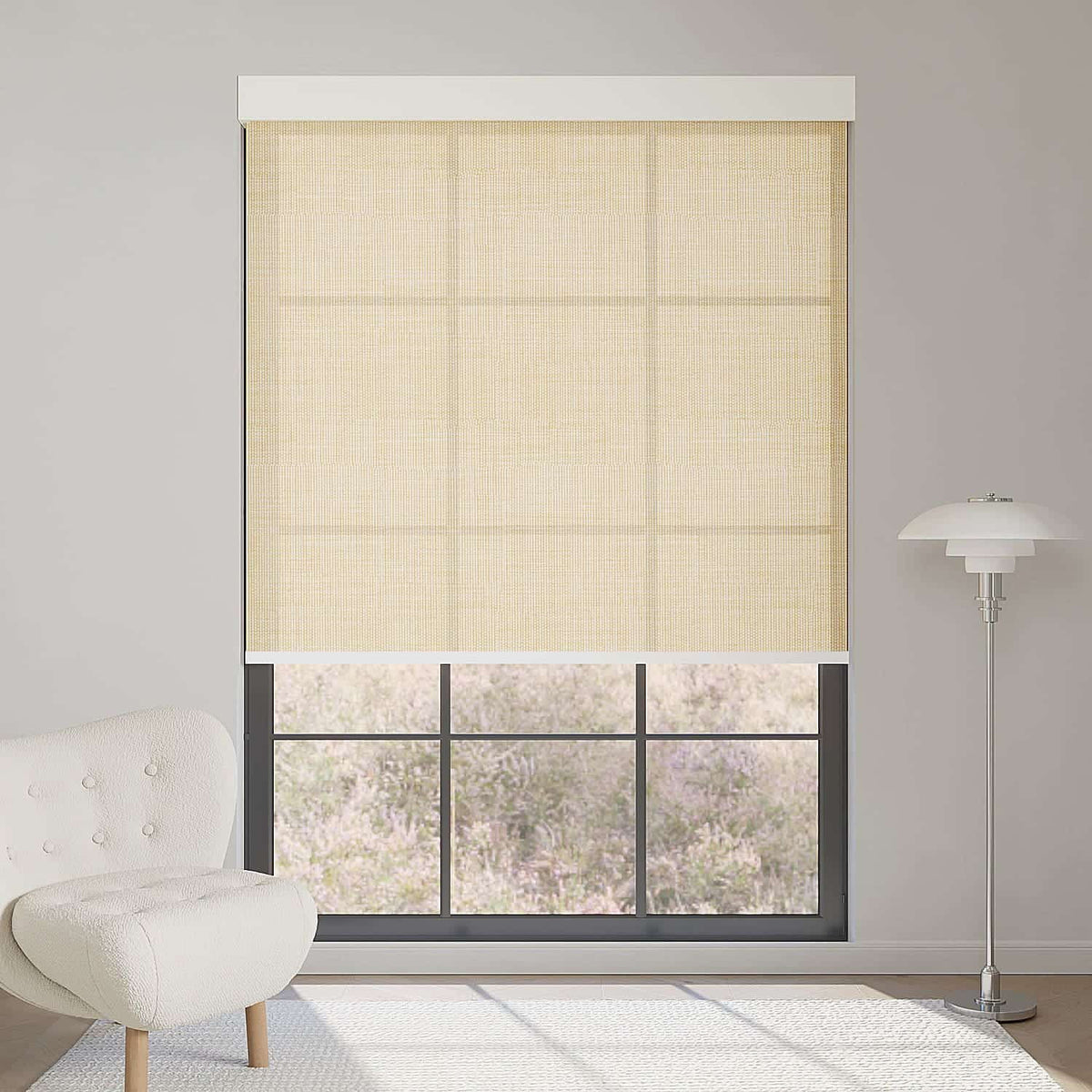 Light coffee textured light filtering roller shade softens sunlight while adding cozy, sophisticated textured warmth to rooms.