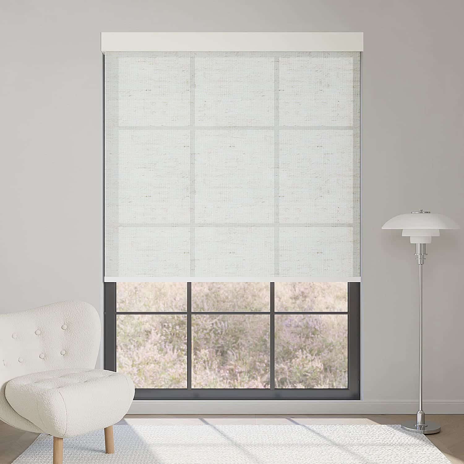 Linen beige textured light filtering roller shade softly diffuses sunlight while adding warm, elegant texture to interiors.