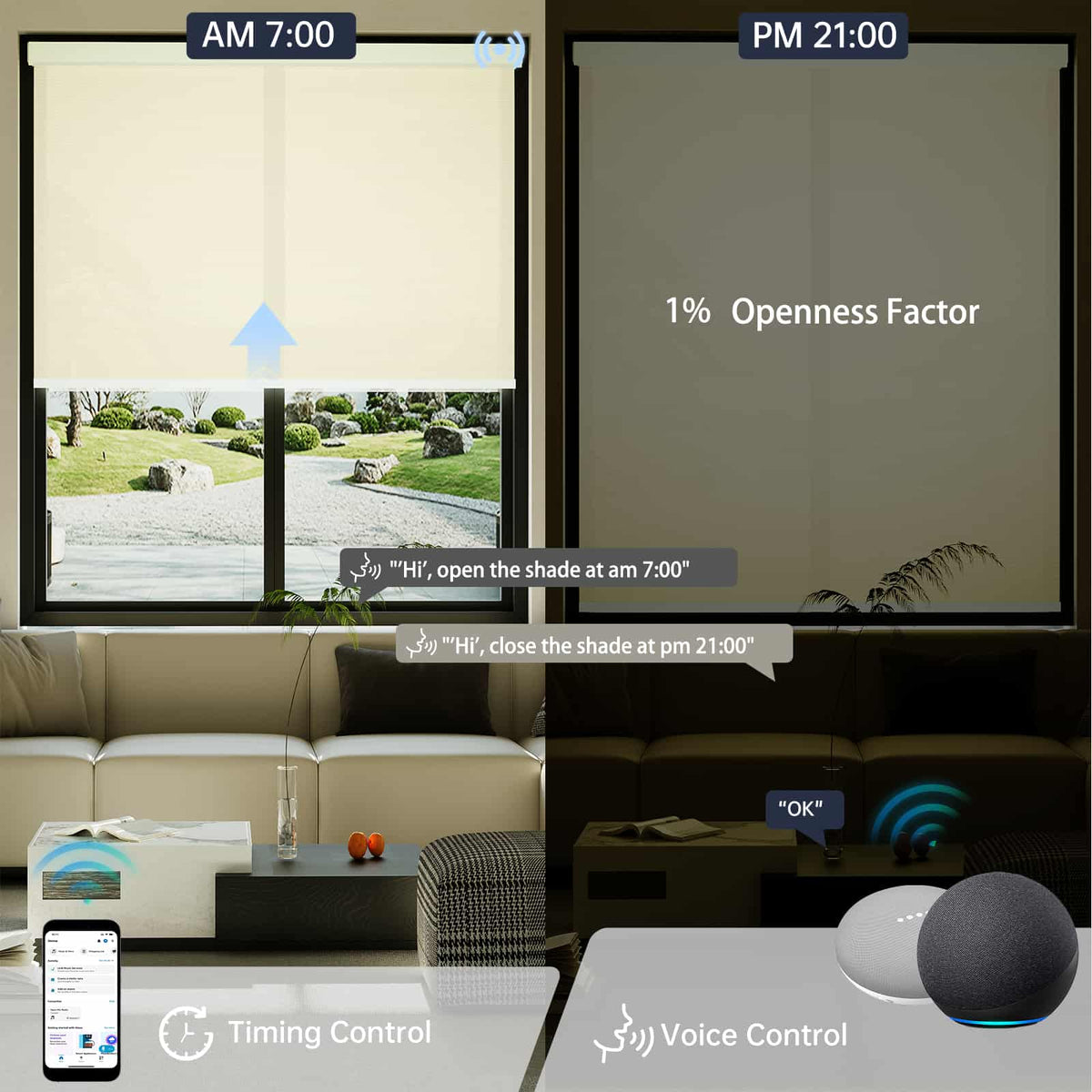 Motorized beige 1% solar shade supports timer and voice commands, making daily routines simpler.