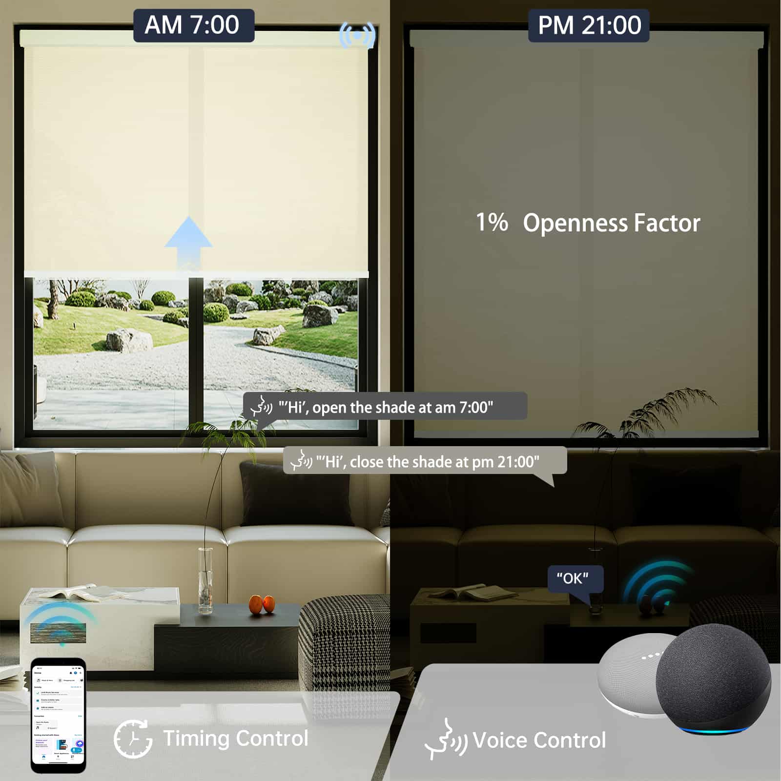Motorized beige 1% solar shade supports timer and voice commands, making daily routines simpler.