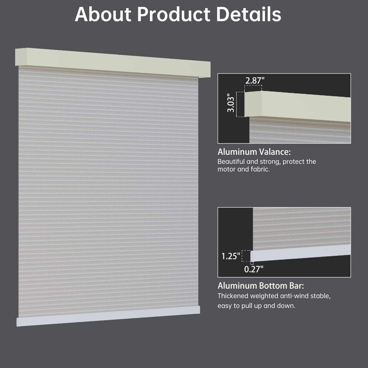 Beige 1% solar shade features lightweight metal valance and bottom rail for neat, modern aesthetics.