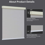 Beige 1% solar shade features lightweight metal valance and bottom rail for neat, modern aesthetics.