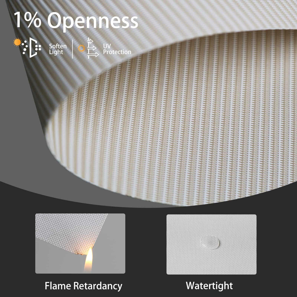 Beige solar shade fabric with 1% openness, fire-resistant and waterproof, ensuring safety and durability.