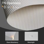 Beige solar shade fabric with 1% openness, fire-resistant and waterproof, ensuring safety and durability.
