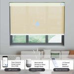 Beige 1% solar shade works with app, voice assistant, or remote via hub for flexible smart control.