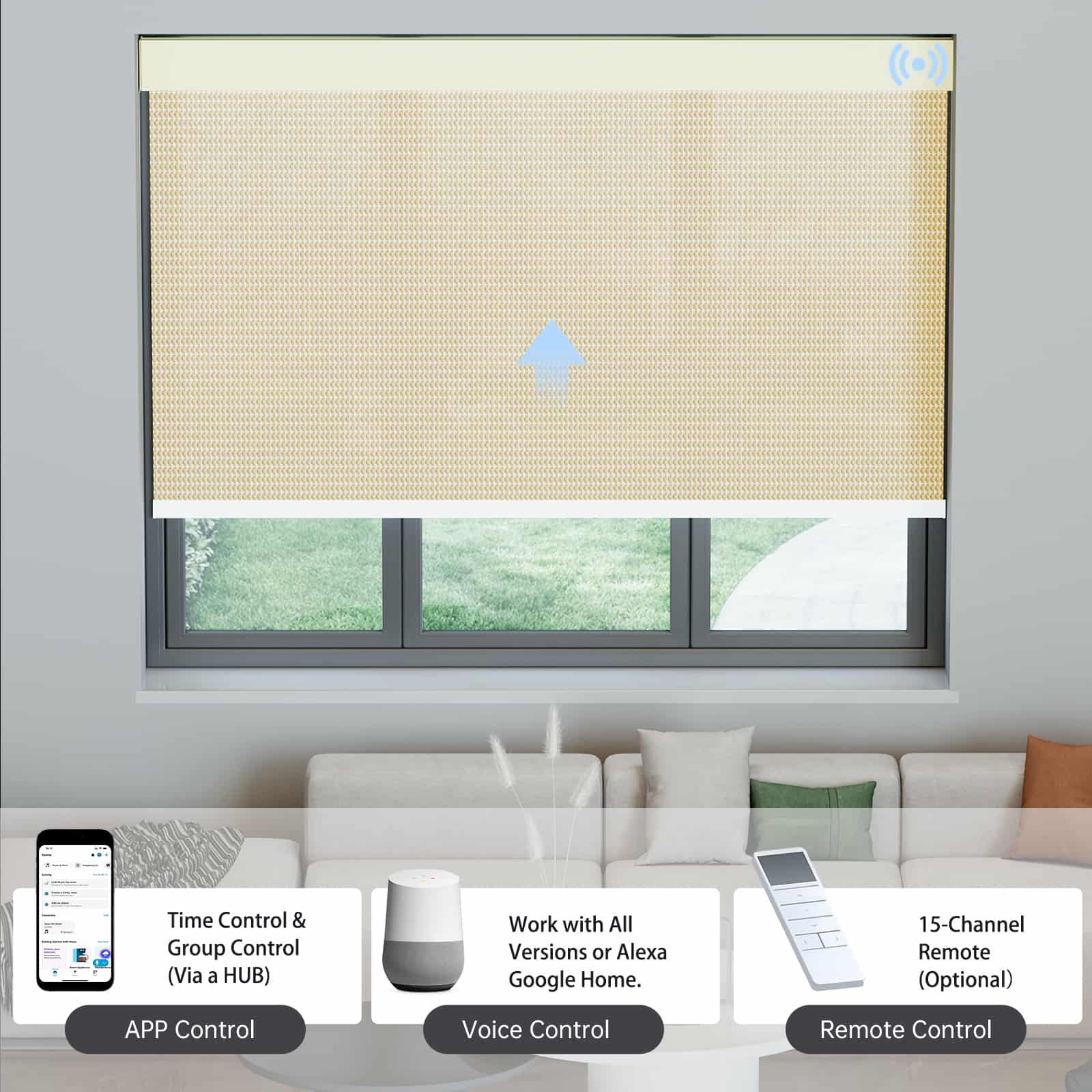 Beige 1% solar shade works with app, voice assistant, or remote via hub for flexible smart control.