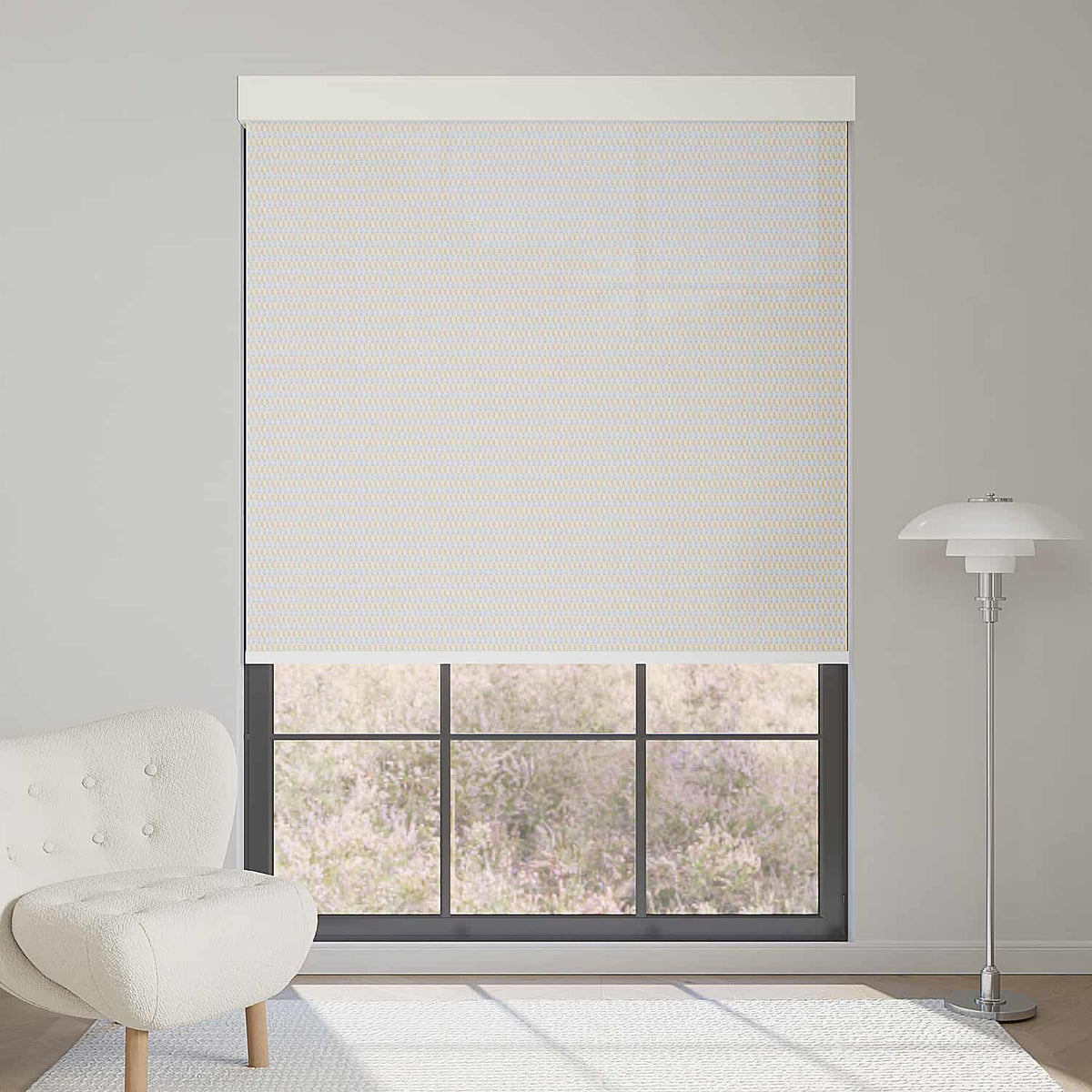 Beige 1% openness solar shade blocks glare and bright light, enhancing privacy while maintaining warm interiors.