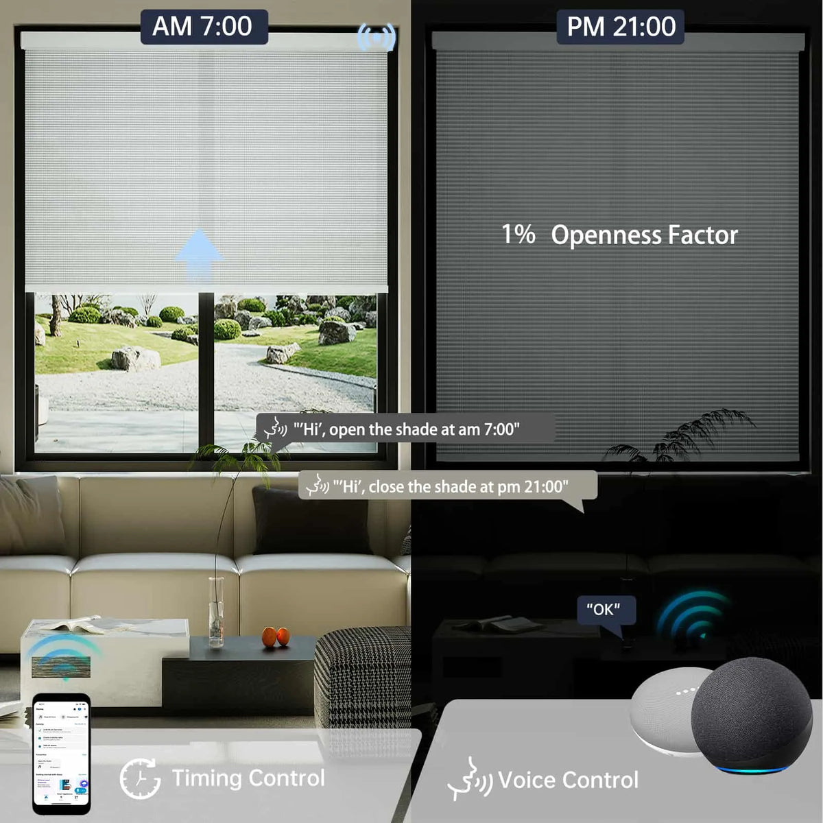 Light gray 1% solar shade supports smart scheduling and voice automation for convenient daily control.