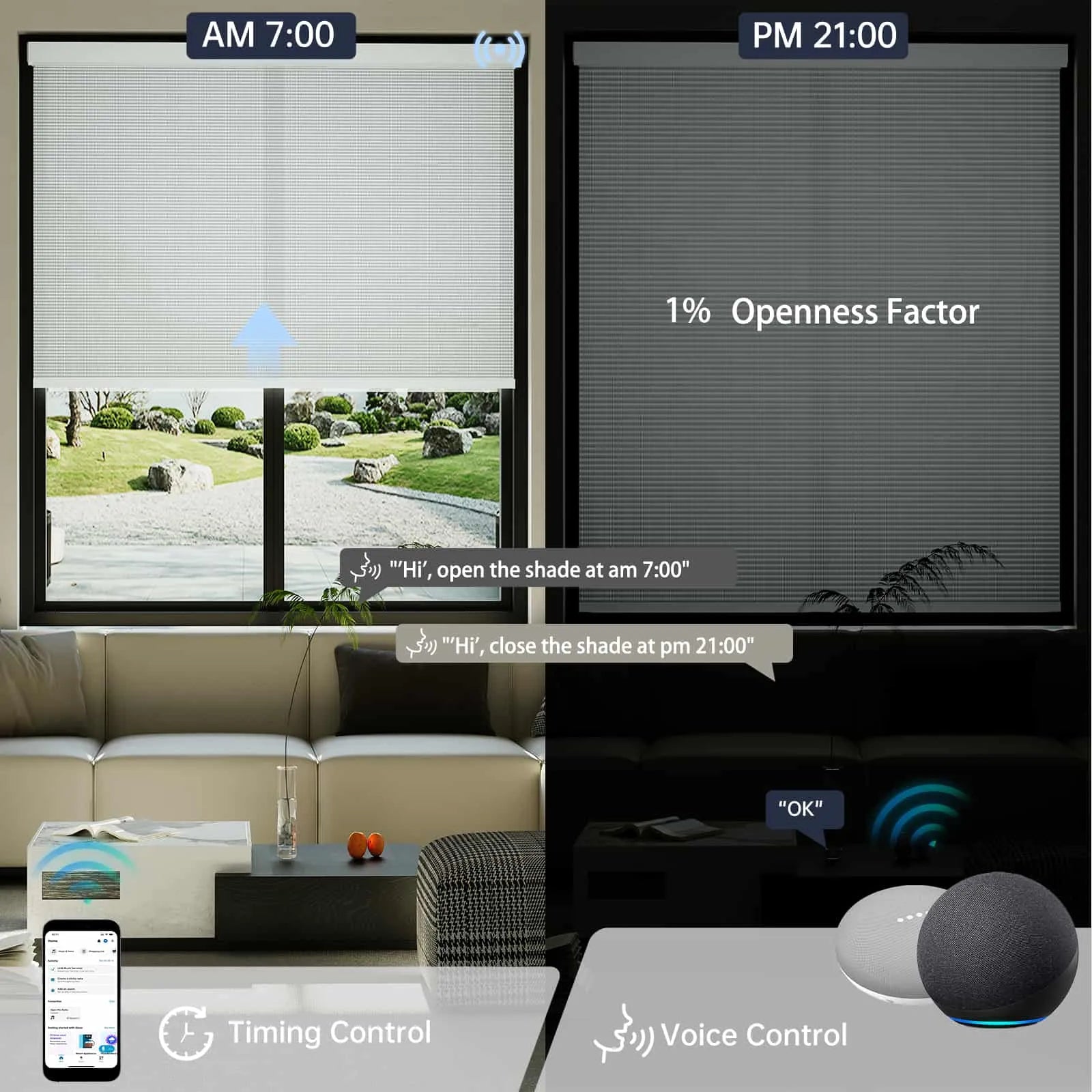 Light gray 1% solar shade supports smart scheduling and voice automation for convenient daily control.