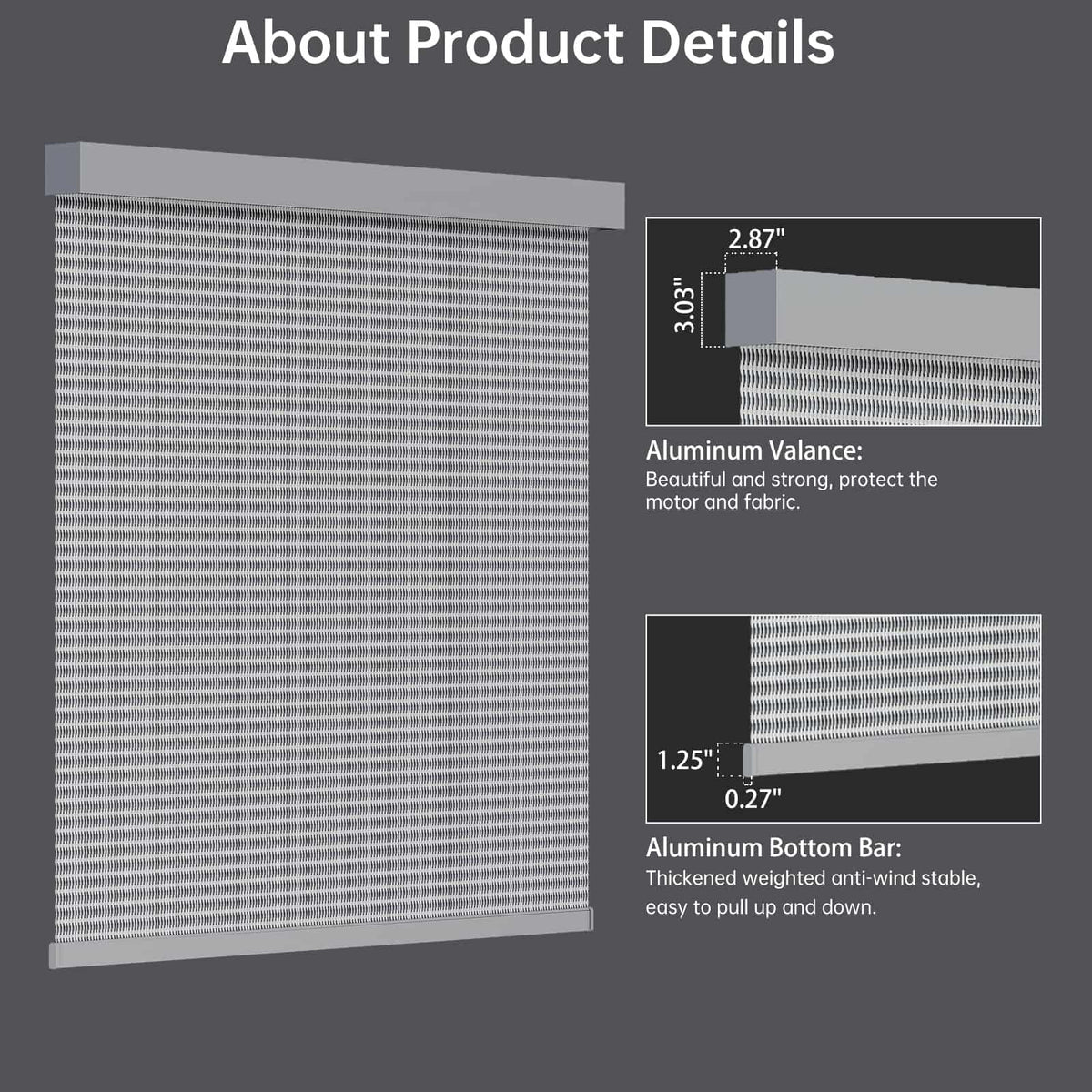 Light gray 1% solar shade equipped with metal valance and bottom rail, sleek and space-saving.