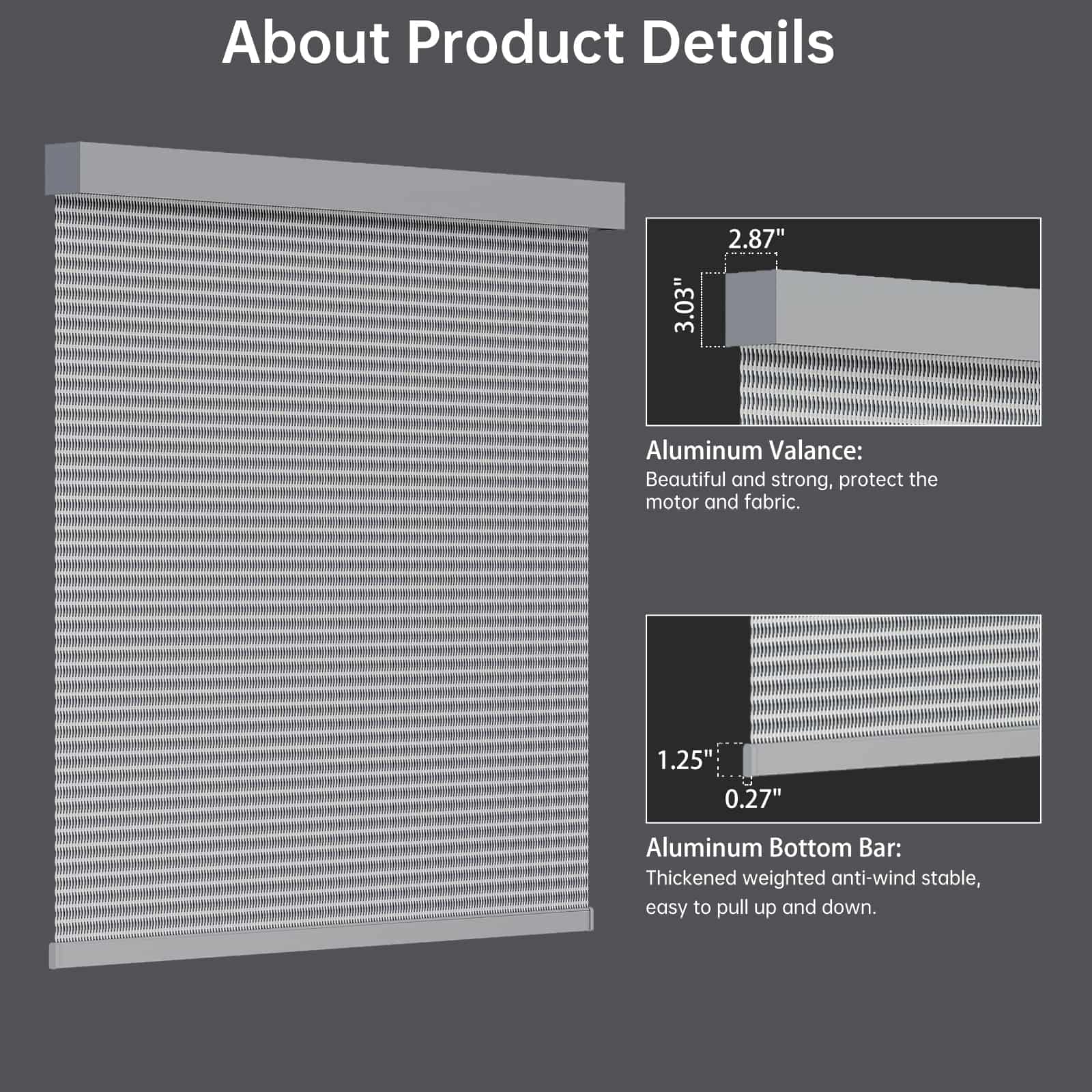 Light gray 1% solar shade equipped with metal valance and bottom rail, sleek and space-saving.