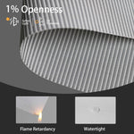 Light gray 1% solar shade fabric is flame-retardant and water-resistant, combining safety with function.