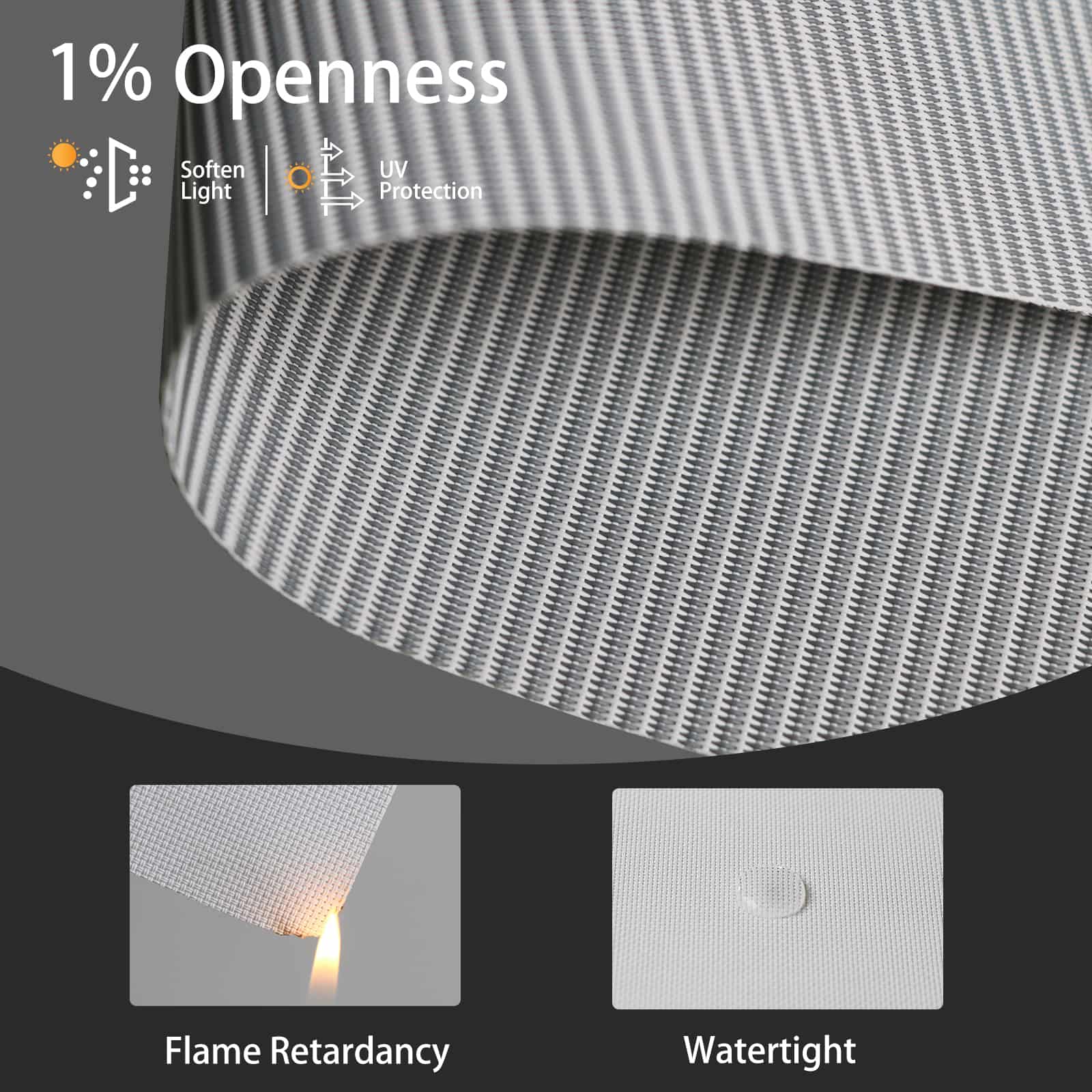 Light gray 1% solar shade fabric is flame-retardant and water-resistant, combining safety with function.