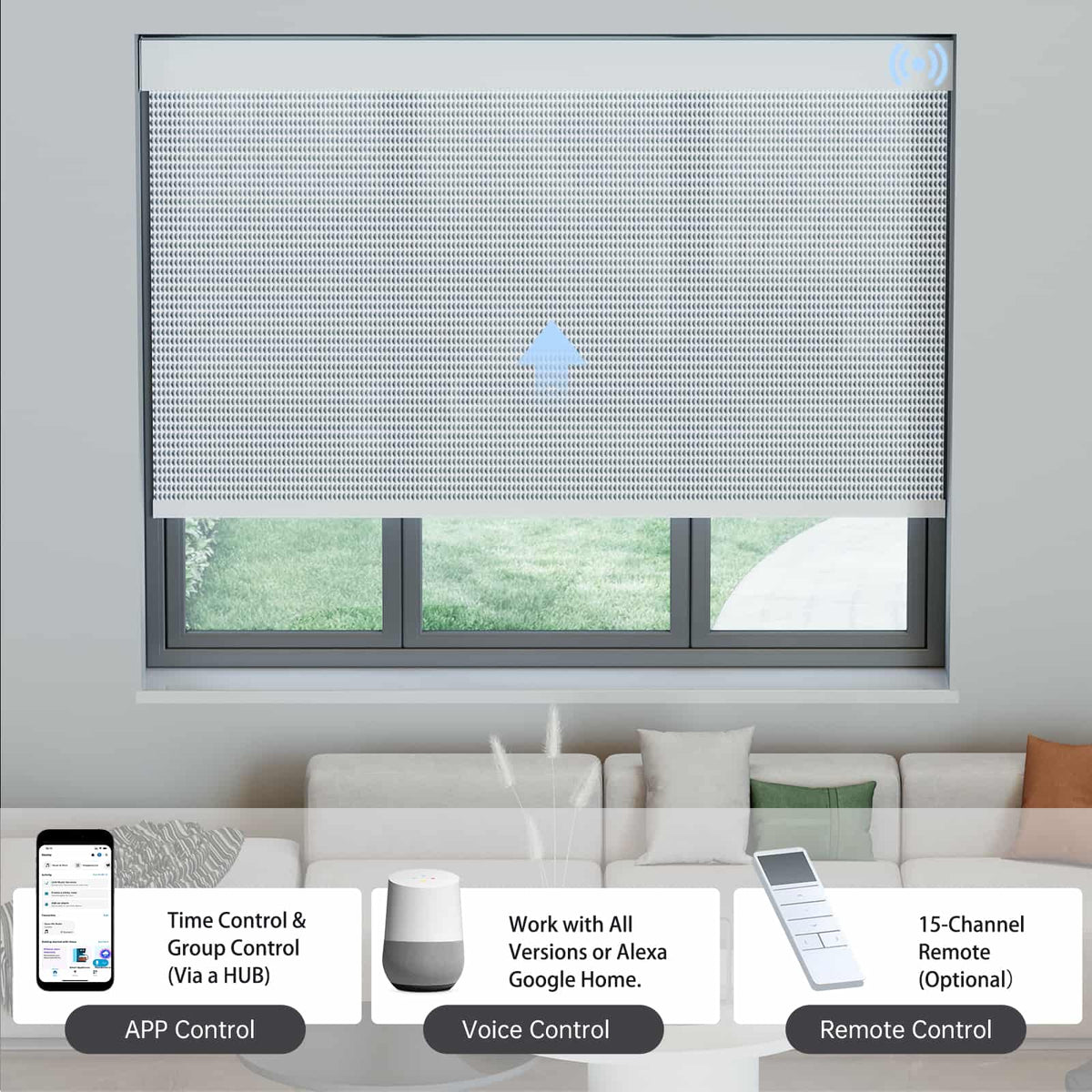 Light gray 1% solar shade enables control via app, voice assistant, or remote through hub connection.