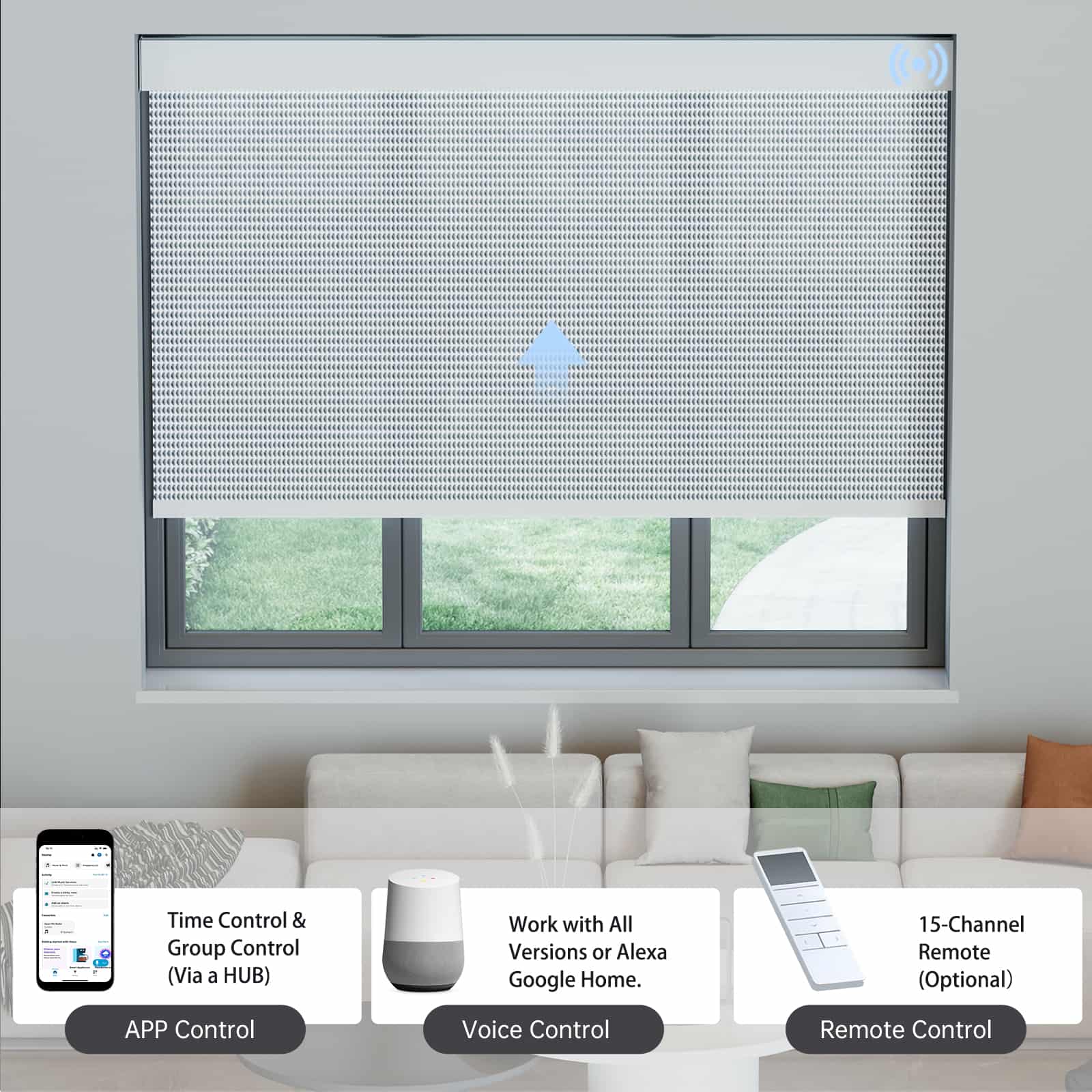Light gray 1% solar shade enables control via app, voice assistant, or remote through hub connection.