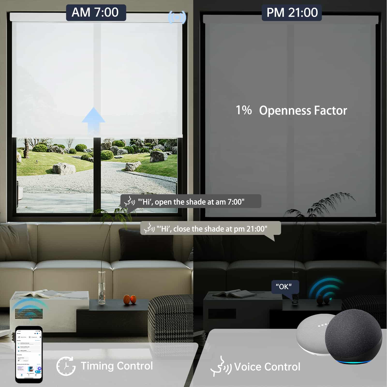White 1% openness solar shade allows scheduled opening and voice control for modern, effortless living.
