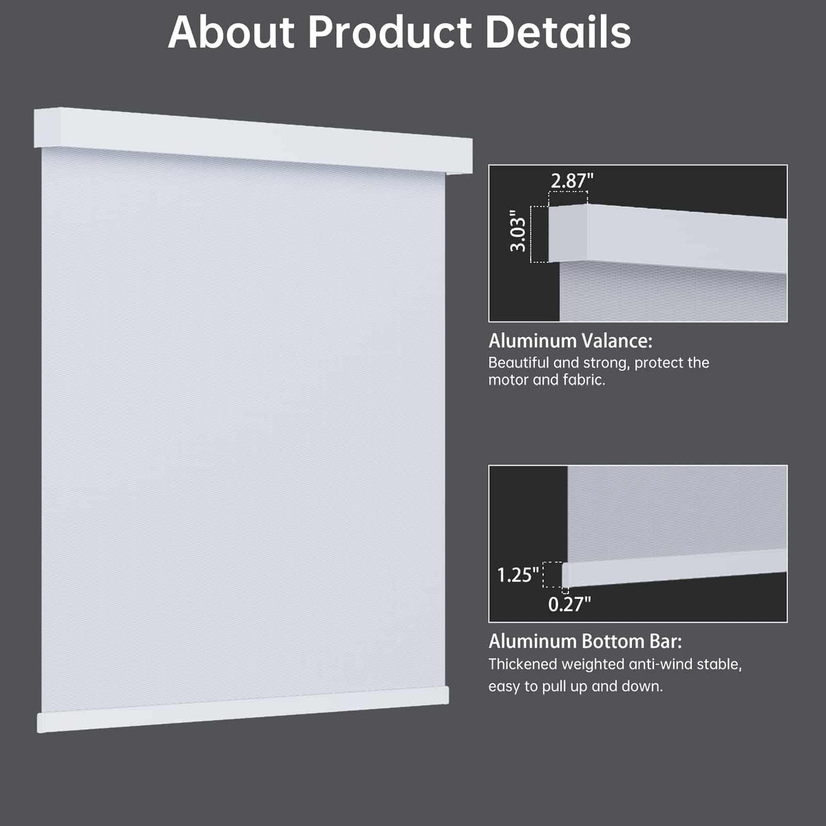 White 1% solar shade with sleek metal valance and bottom rail, space-saving and modern in design.