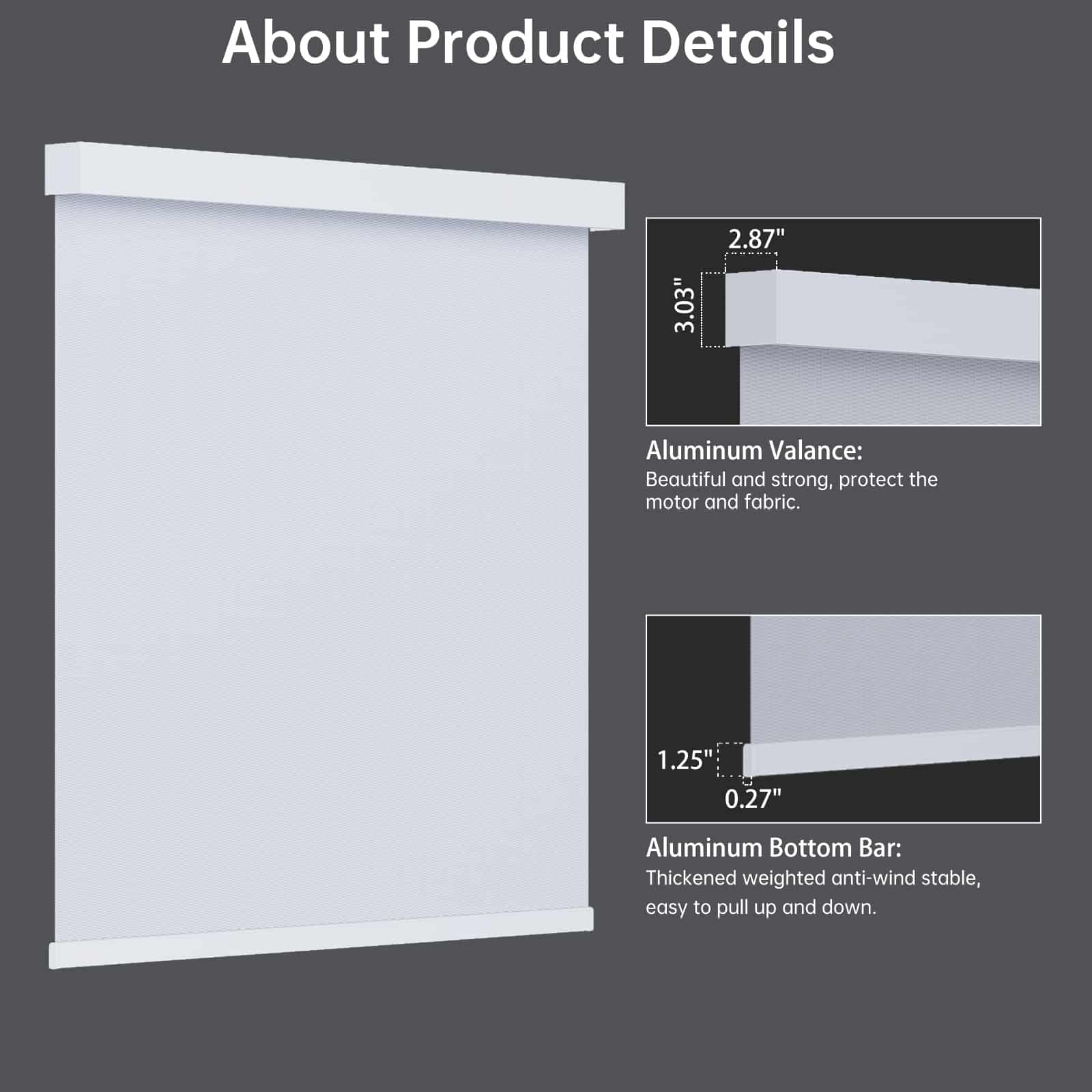 White 1% solar shade with sleek metal valance and bottom rail, space-saving and modern in design.